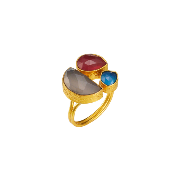 Ring aus Messing, vergoldet, blauer, weißer Onyx